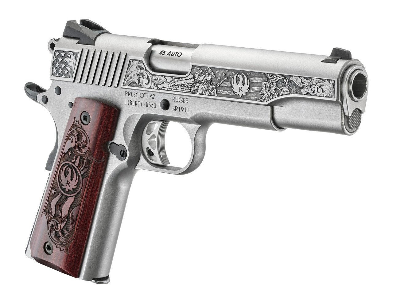 Ruger SR1911 America's 250th Anniversary Edition featuring engraved slide, hardwood grips, and silver finish. Ruger SR1911 Anniversary Edition 45 ACP 1911 Pistol