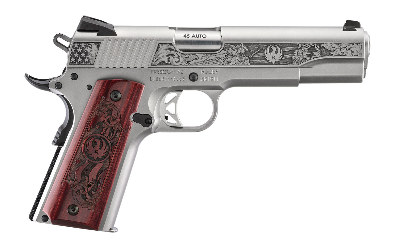 Ruger SR1911 America's 250th Anniversary Edition featuring engraved slide, hardwood grips, and silver finish. Ruger SR1911 America's 250th Anniversary 45 ACP engraved pistol silver finish